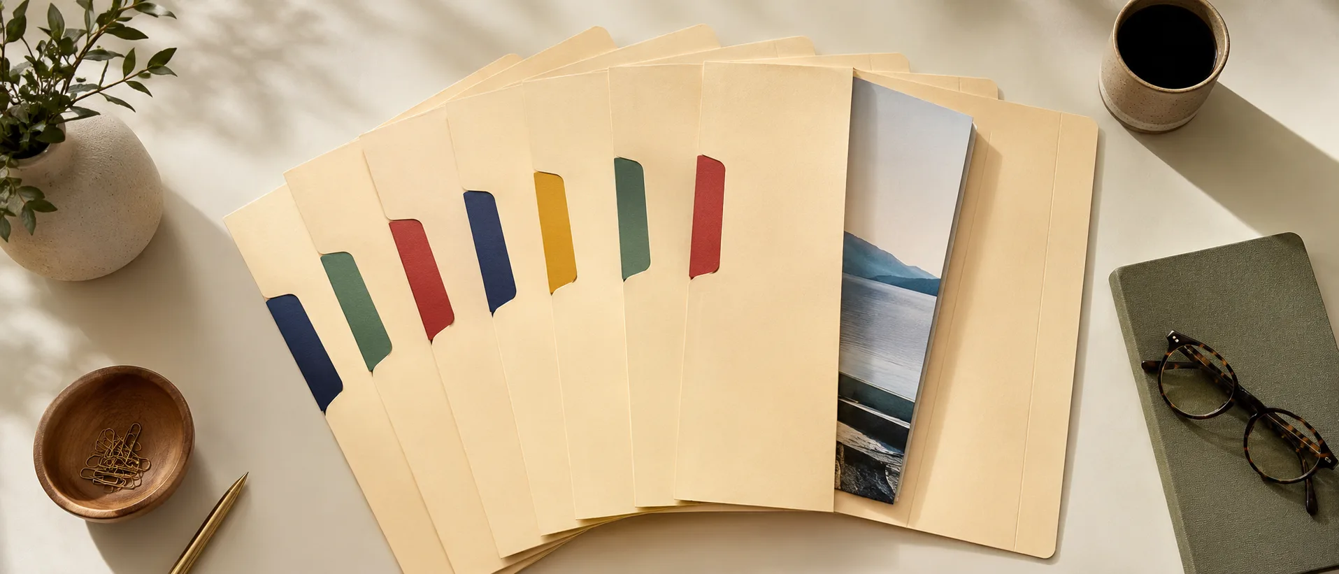 Insurers index cover: eight manila folders fanned out with coloured paper tabs, one open showing a generic policy spine.
